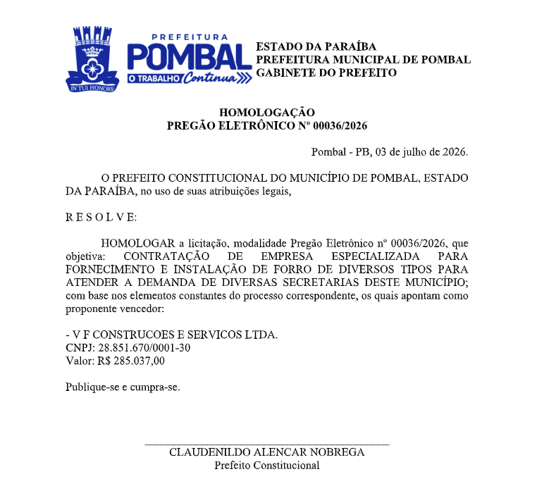 PREFEITURA MUNICIPAL DE POMBAL – HOMOLOGAÇÃO – PREGÃO ELETRÔNICO Nº 00036/2026