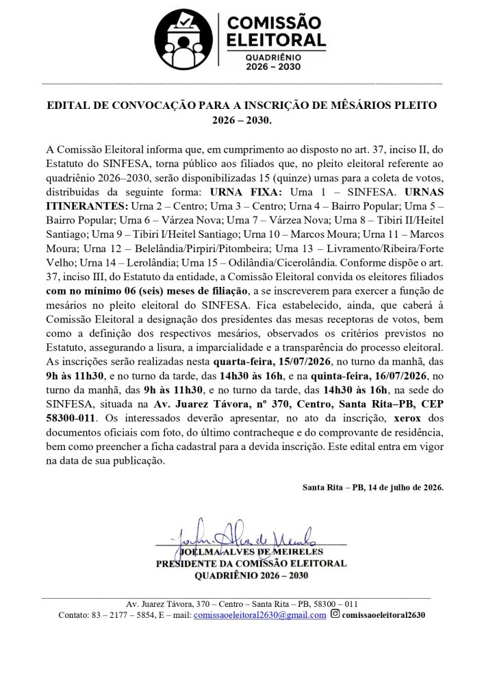SINFESA – COMISSÃO ELEITORAL – EDITAL DE CONVOCAÇÃO PARA A INSCRIÇÃO DE MÊSÁRIOS – PLEITO 2026-2030