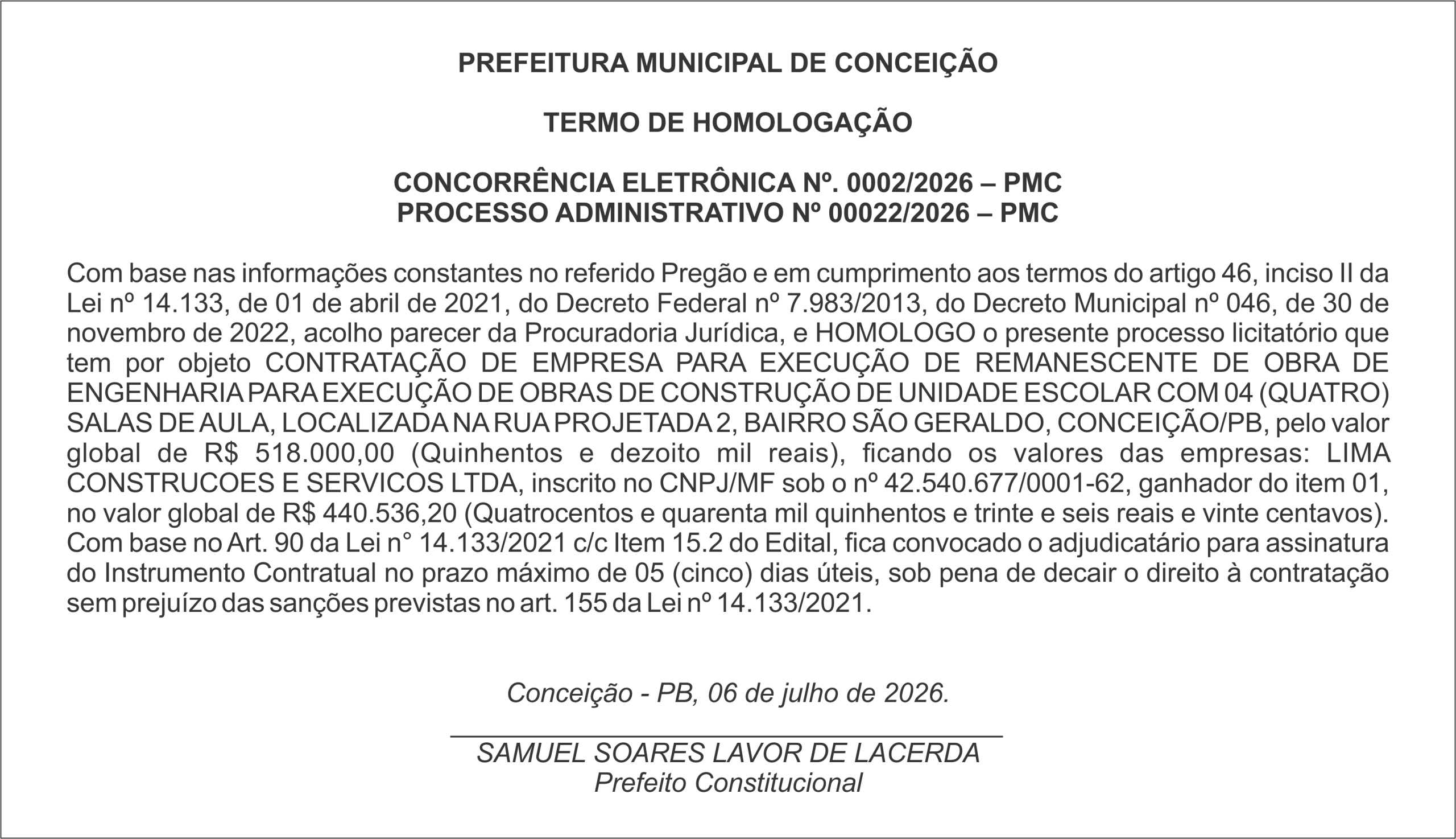 PREFEITURA MUNICIPAL DE CONCEIÇÃO – TERMO DE HOMOLOGAÇÃO – CONCORRÊNCIA ELETRÔNICA Nº. 0002/2026 – PMC
