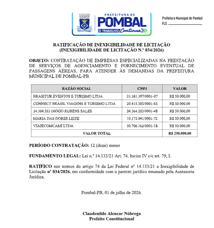 PREFEITURA MUNICIPAL DE POMBAL –  RATIFICAÇÃO DE INEXIGIBILIDADE DE LICITAÇÃO (INEXIGIBILIDADE DE LICITAÇÃO N.º 034/2026)
