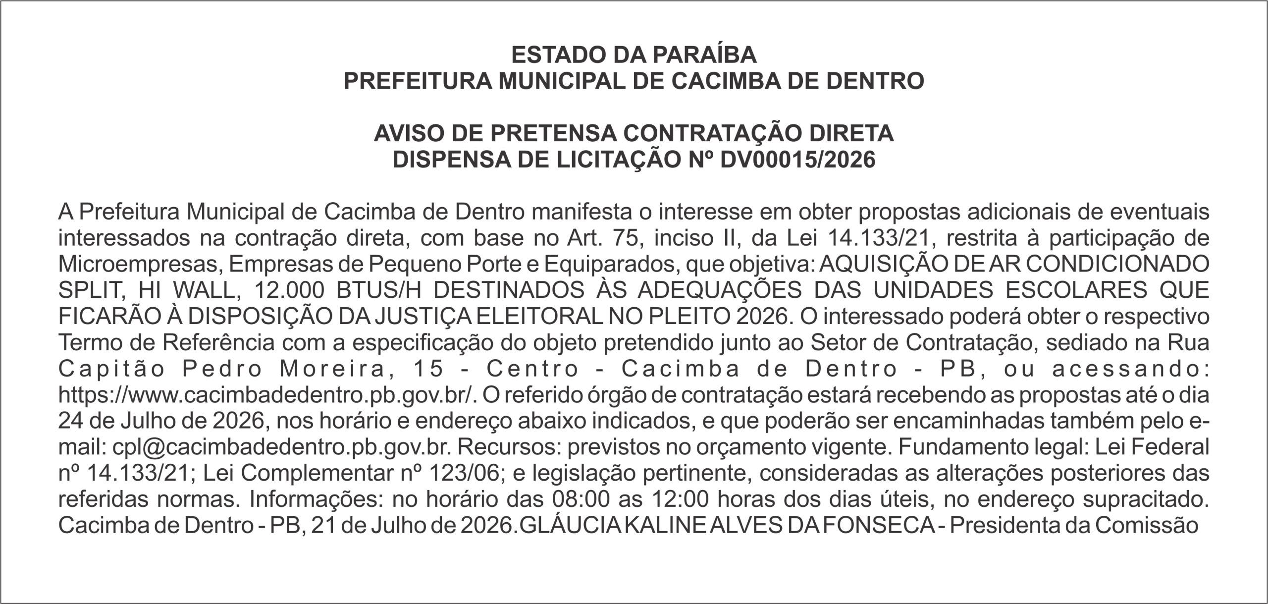 PREFEITURA MUNICIPAL DE CACIMBA DE DENTRO – AVISO DE PRETENSA CONTRATAÇÃO DIRETA