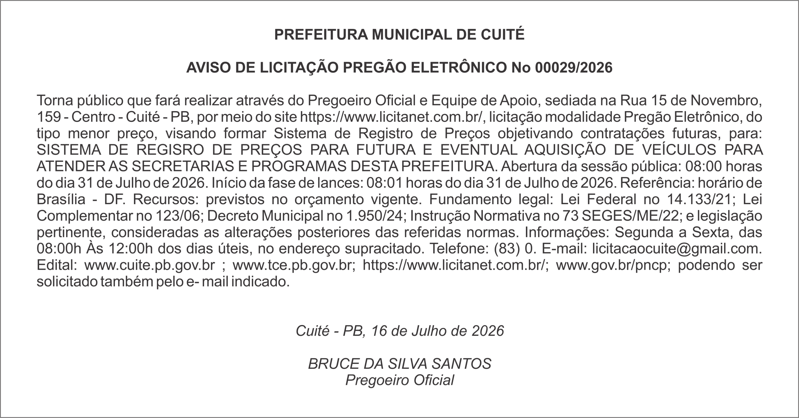 PREFEITURA MUNICIPAL DE CUITÉ – AVISO DE LICITAÇÃO – PREGÃO ELETRÔNICO No 00029/2026