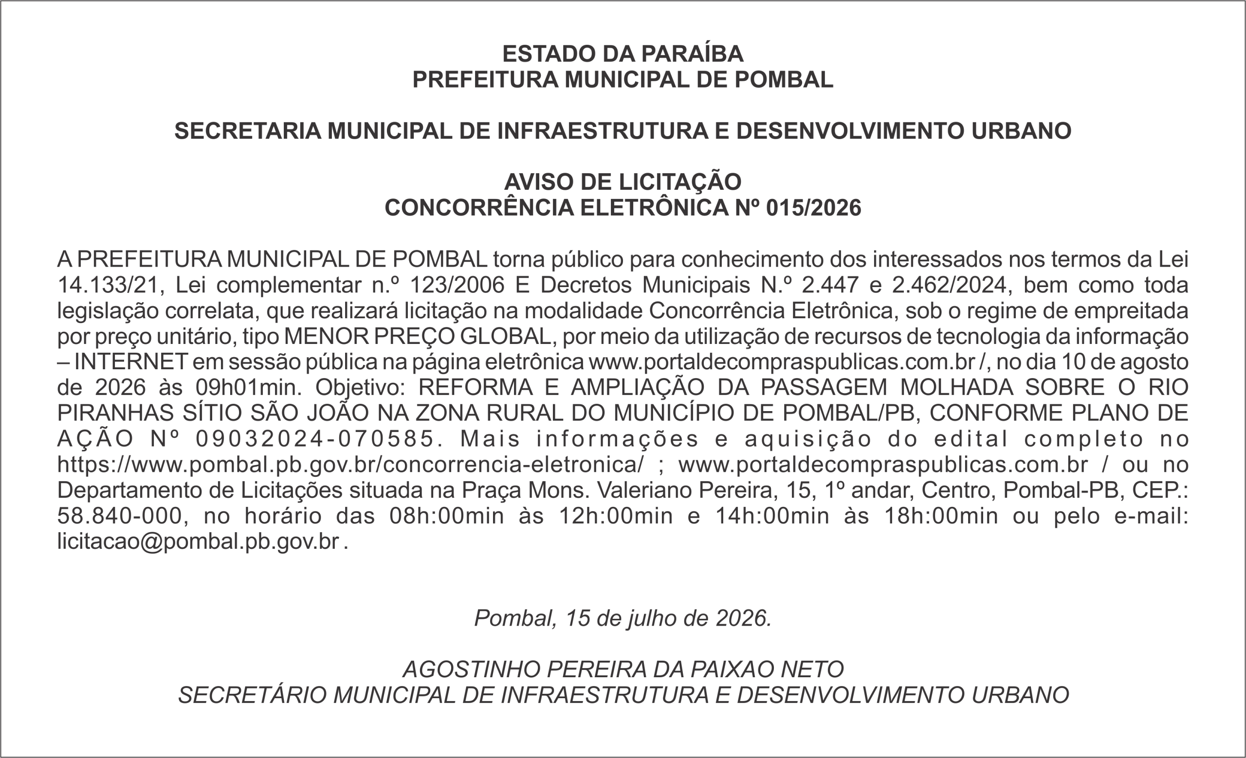PREFEITURA MUNICIPAL DE POMBAL – AVISO DE LICITAÇÃO – CONCORRÊNCIA ELETRÔNICA Nº 015/2026