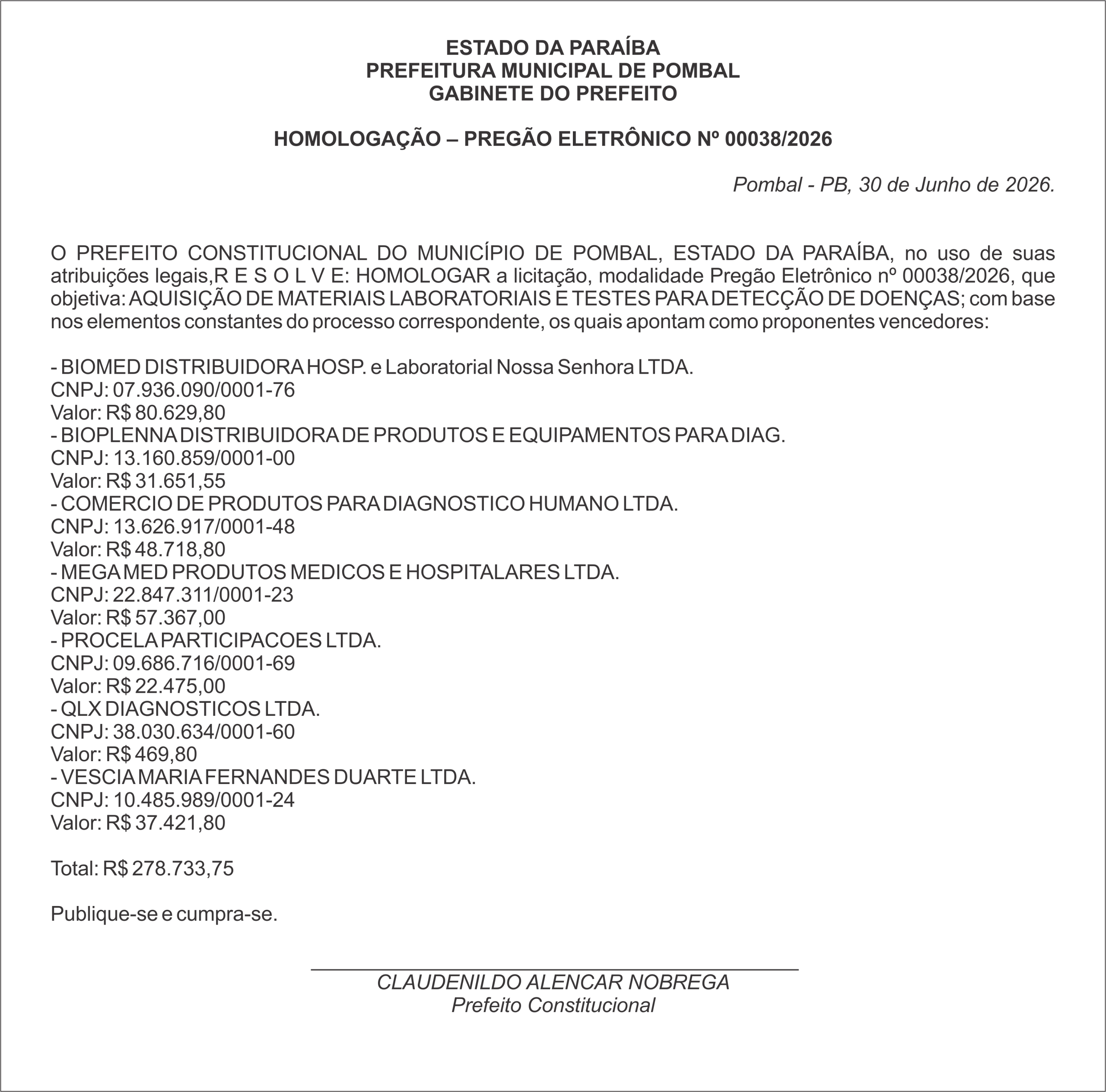 PREFEITURA MUNICIPAL DE POMBAL- ADJUDICAÇÃO – PREGÃO ELETRÔNICO Nº 00038/2026