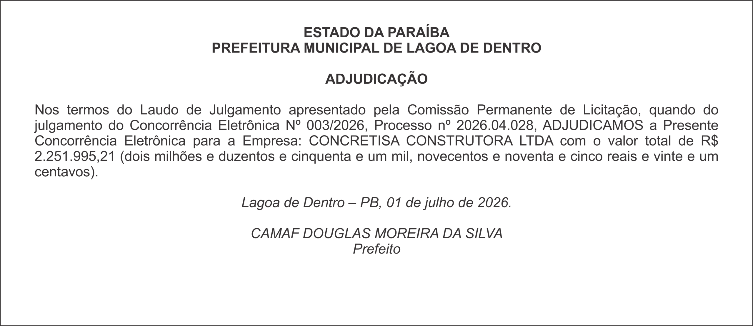 PREFEITURA MUNICIPAL DE LAGOA DE DENTRO – ADJUDICAÇÃO – CONCORRÊNCIA ELETRÔNICA Nº 003/2026