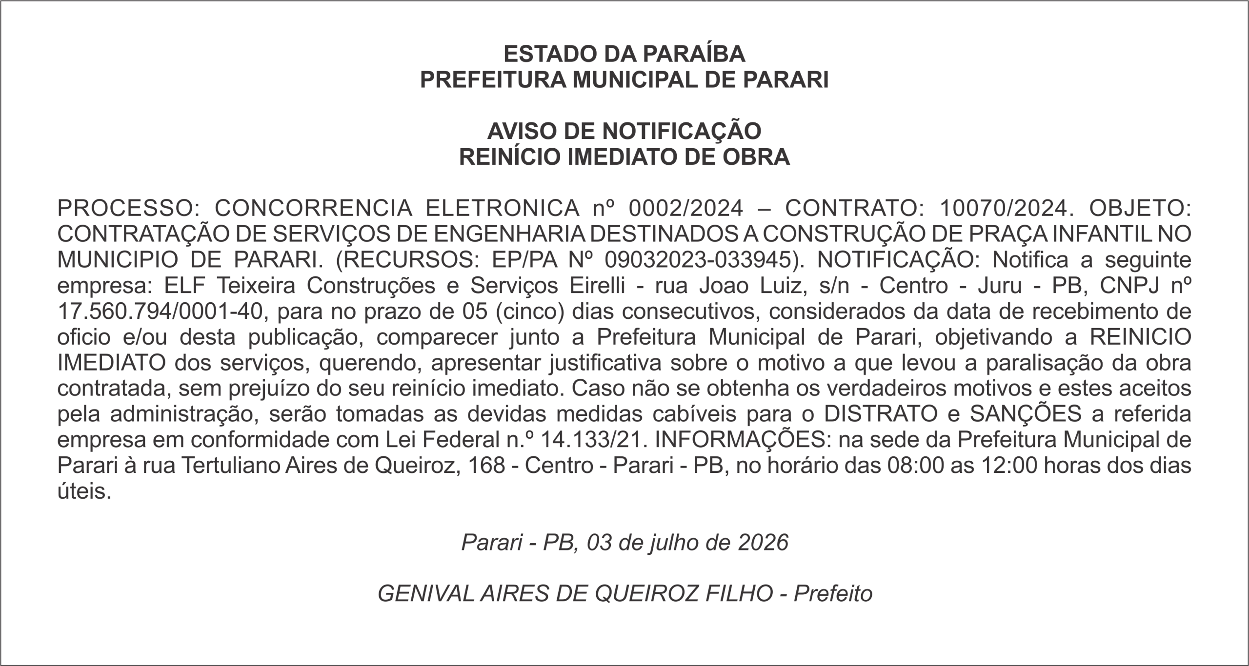 PREFEITURA MUNICIPAL DE PARARI – AVISO DE NOTIFICAÇÃO REINÍCIO IMEDIATO DE OBRA