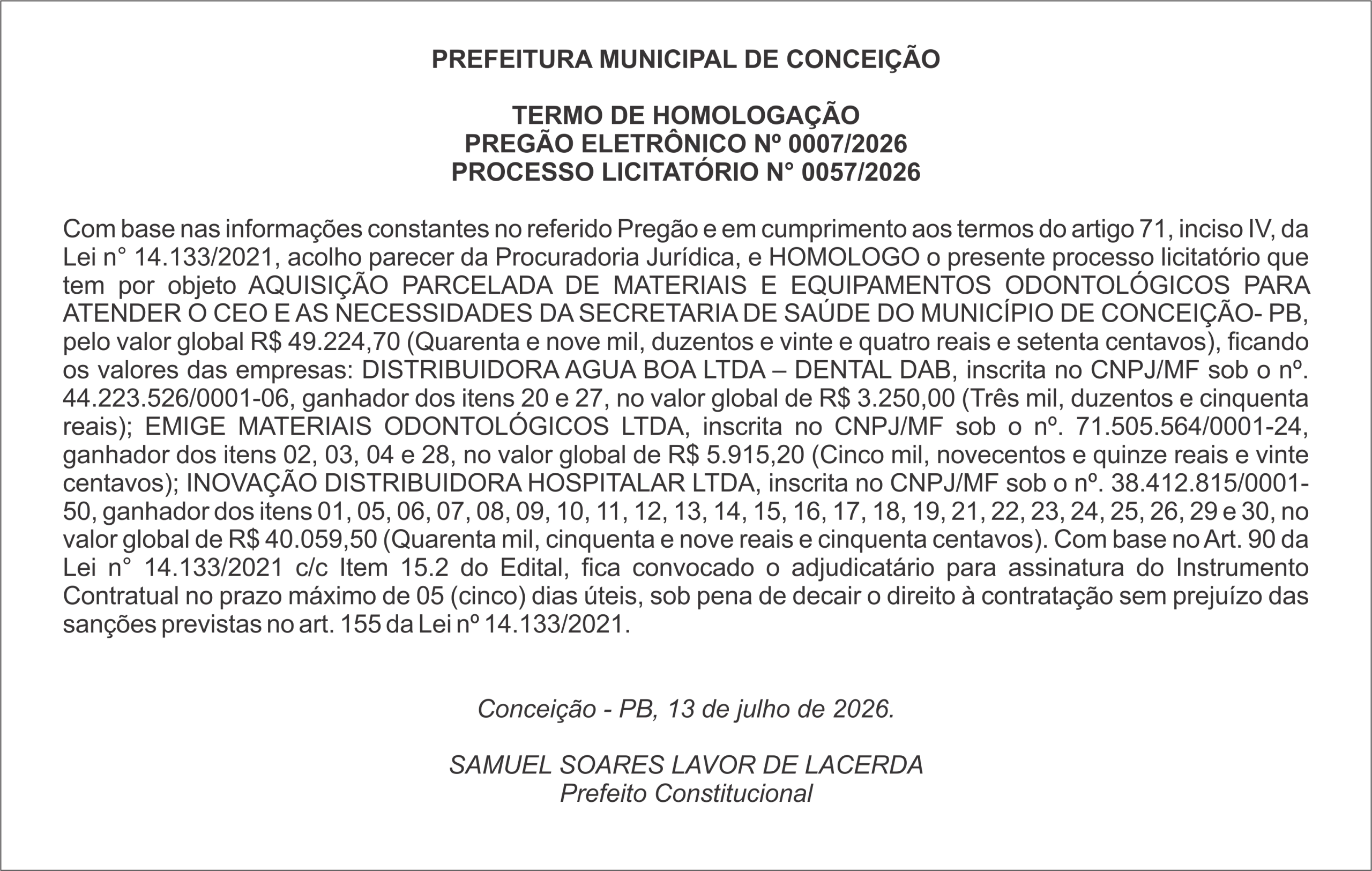 PREFEITURA MUNICIPAL DE CONCEIÇÃO – TERMO DE HOMOLOGAÇÃO – PREGÃO ELETRÔNICO Nº 0007/2026