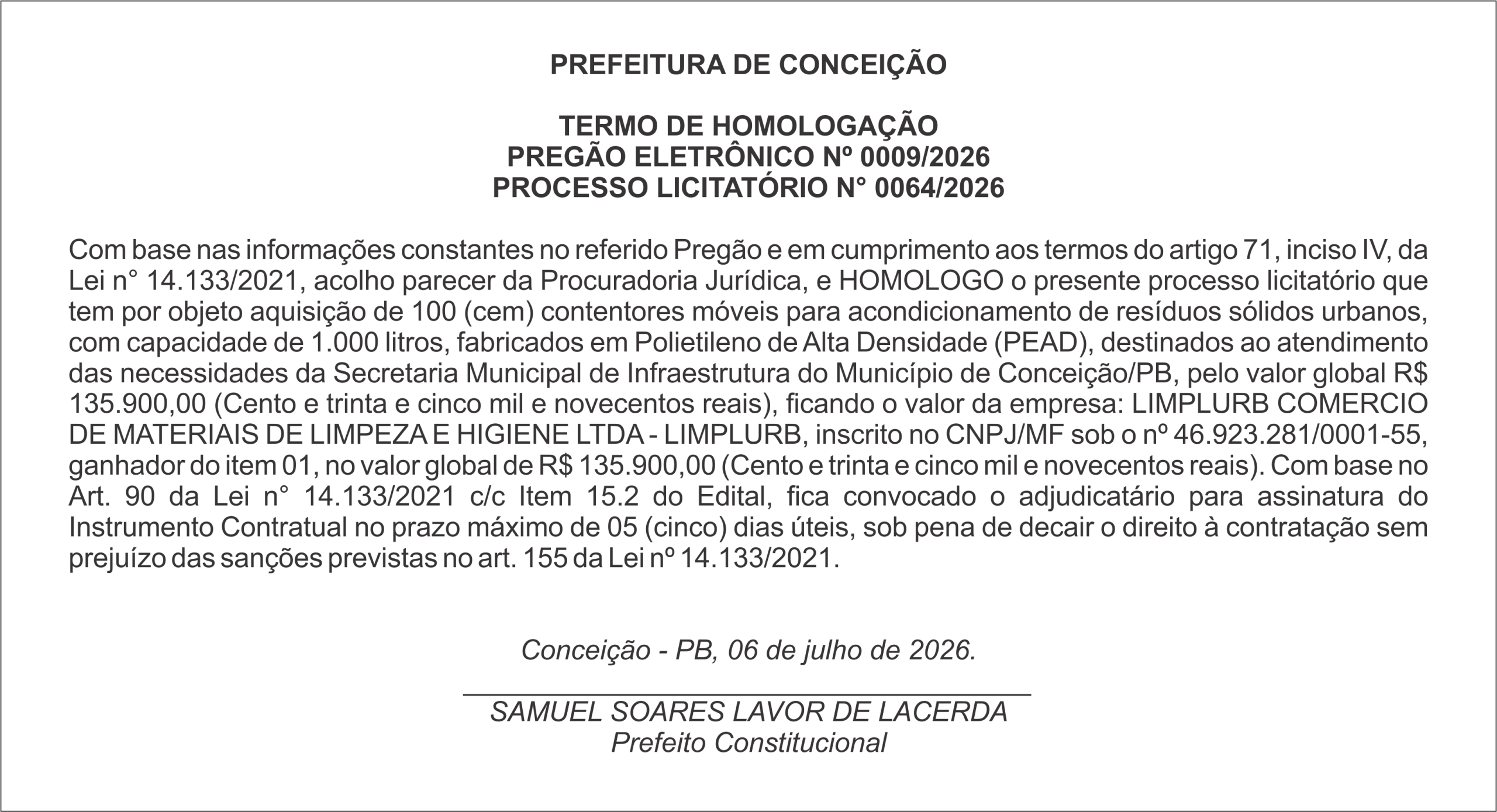 PREFEITURA MUNICIPAL DE CONCEIÇÃO – TERMO DE HOMOLOGAÇÃO – PREGÃO ELETRÔNICO Nº 0009/2026