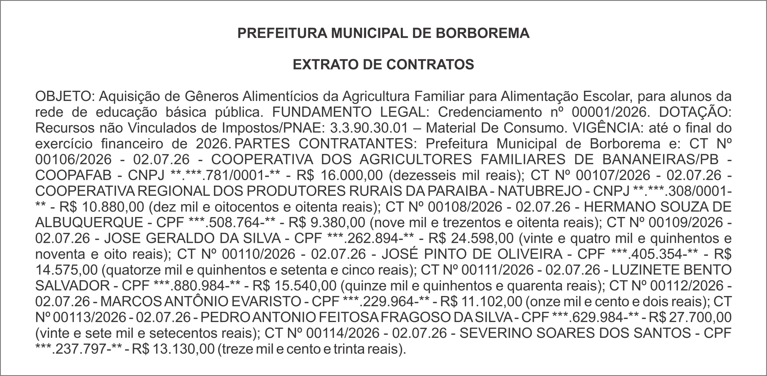 PREFEITURA MUNICIPAL DE BORBOREMA – EXTRATO DE CONTRATOS