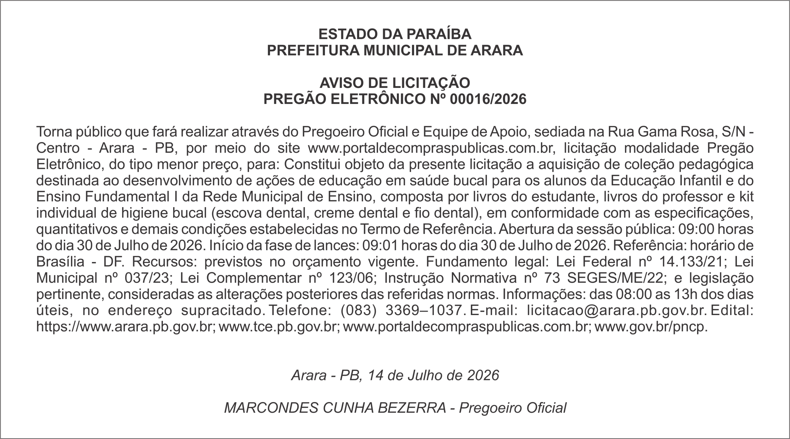 PREFEITURA MUNICIPAL DE ARARA – AVISO DE LICITAÇÃO – PREGÃO ELETRÔNICO Nº 00016/2026