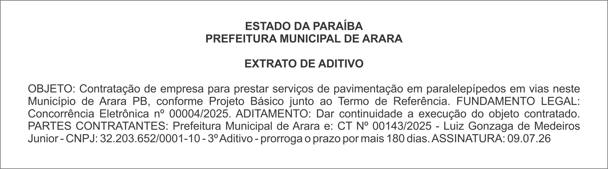 PREFEITURA MUNICIPAL DE ARARA – EXTRATO DE ADITIVO
