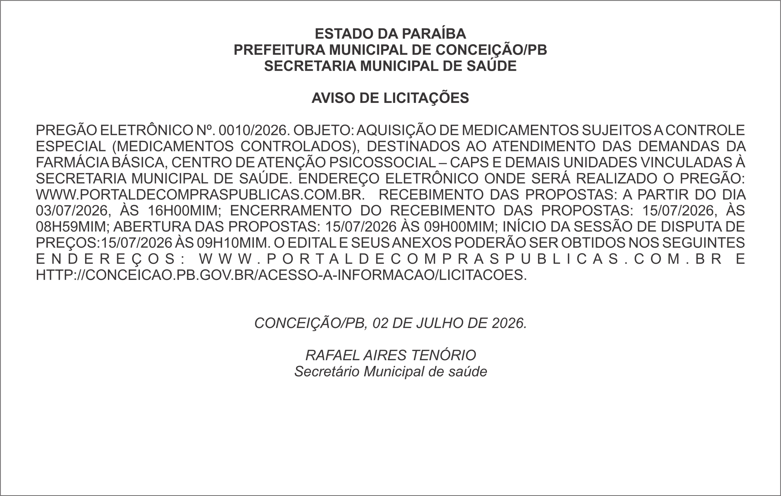 REFEITURA MUNICIPAL DE CONCEIÇÃO/PB – AVISO DE LICITAÇÕES  PREGÃO ELETRÔNICO Nº. 0010/2026