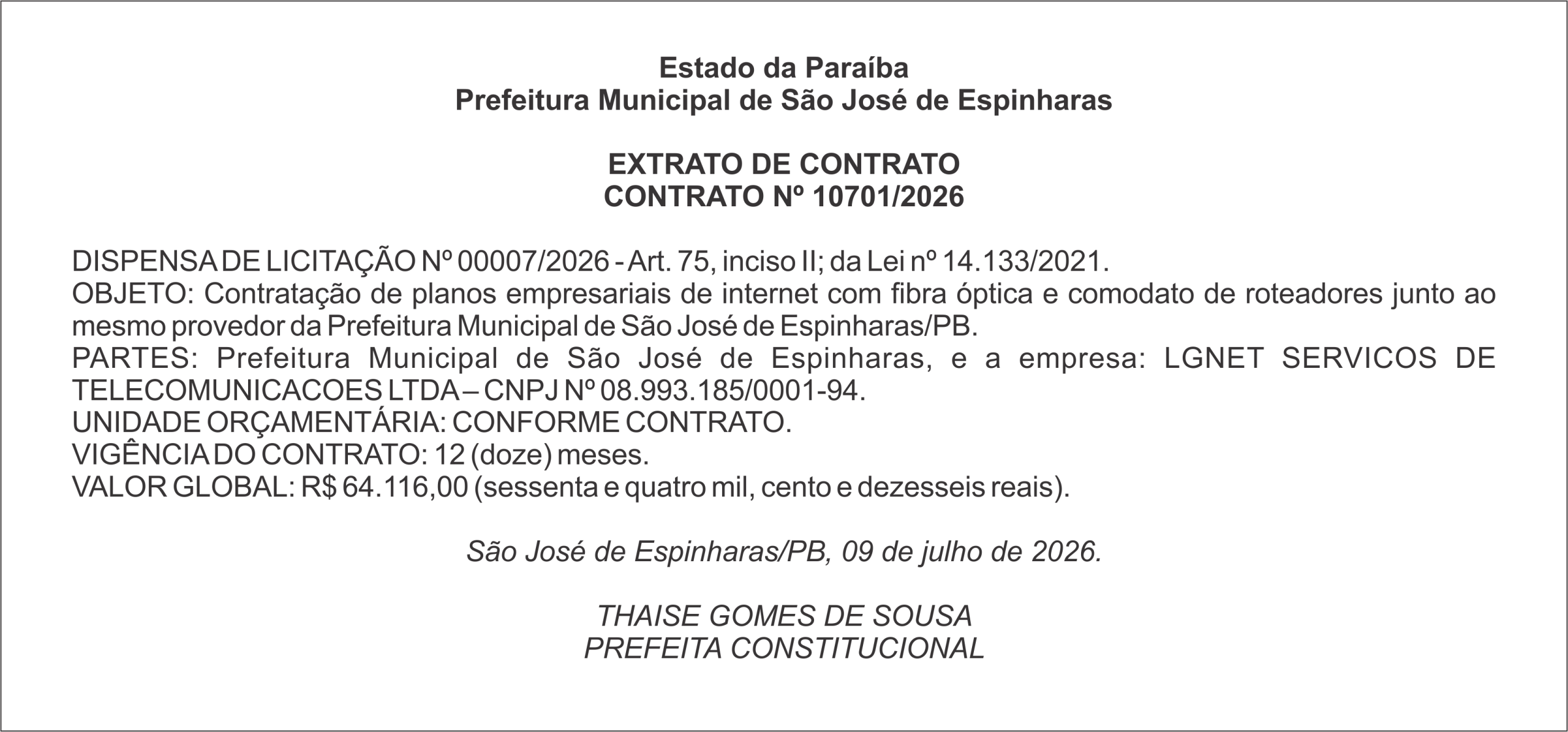 PREFEITURA MUNICIPAL DE SÃO JOSÉ DE ESPINHARAS – EXTRATO DE CONTRATO – CONTRATO Nº 10701/2026