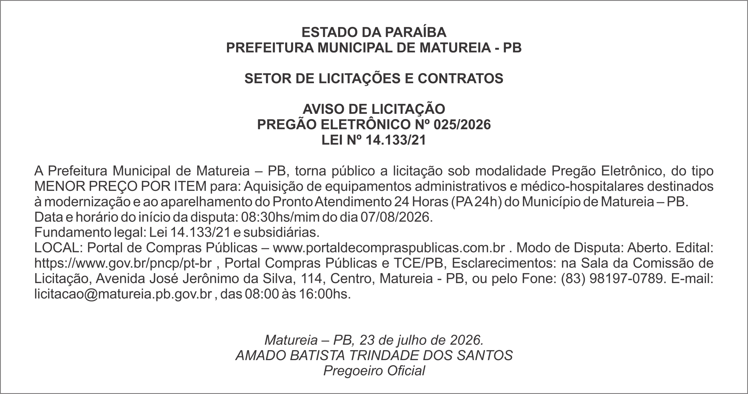PREFEITURA MUNICIPAL DE MATUREIA – PB – AVISO DE LICITAÇÃO – PREGÃO ELETRÔNICO Nº 025/2026