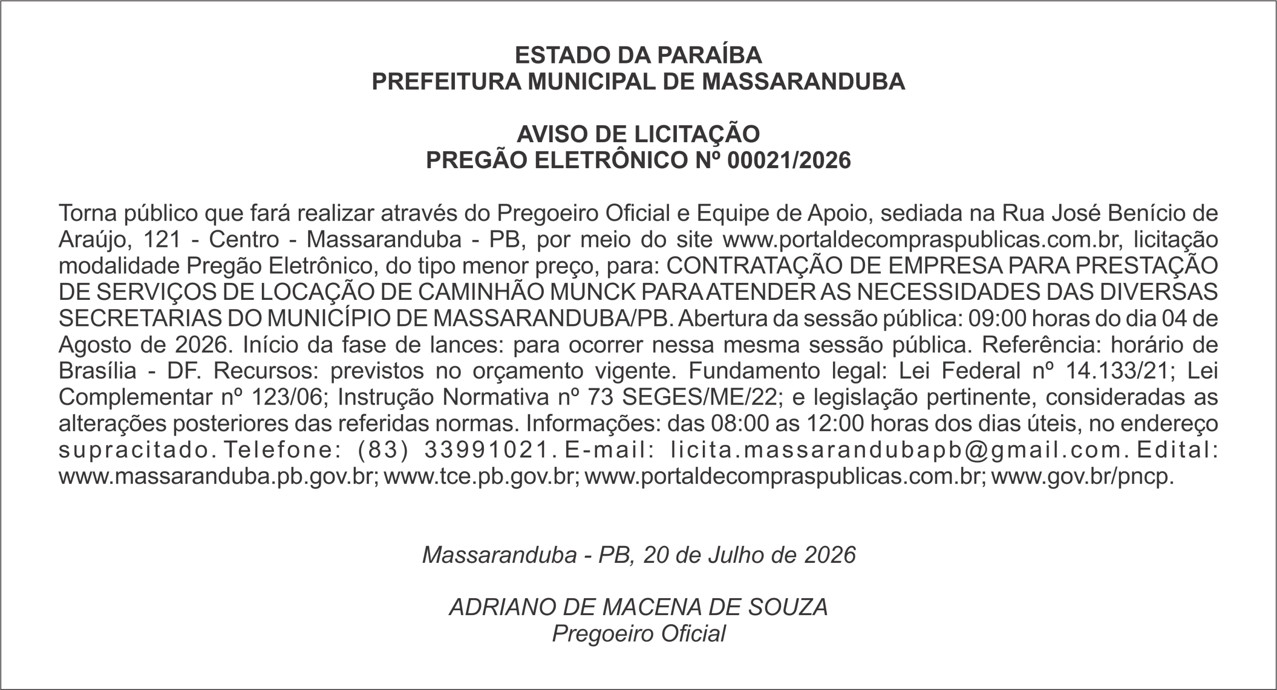 PREFEITURA MUNICIPAL DE MASSARANDUBA – AVISO DE LICITAÇÃO – PREGÃO ELETRÔNICO Nº 00021/2026