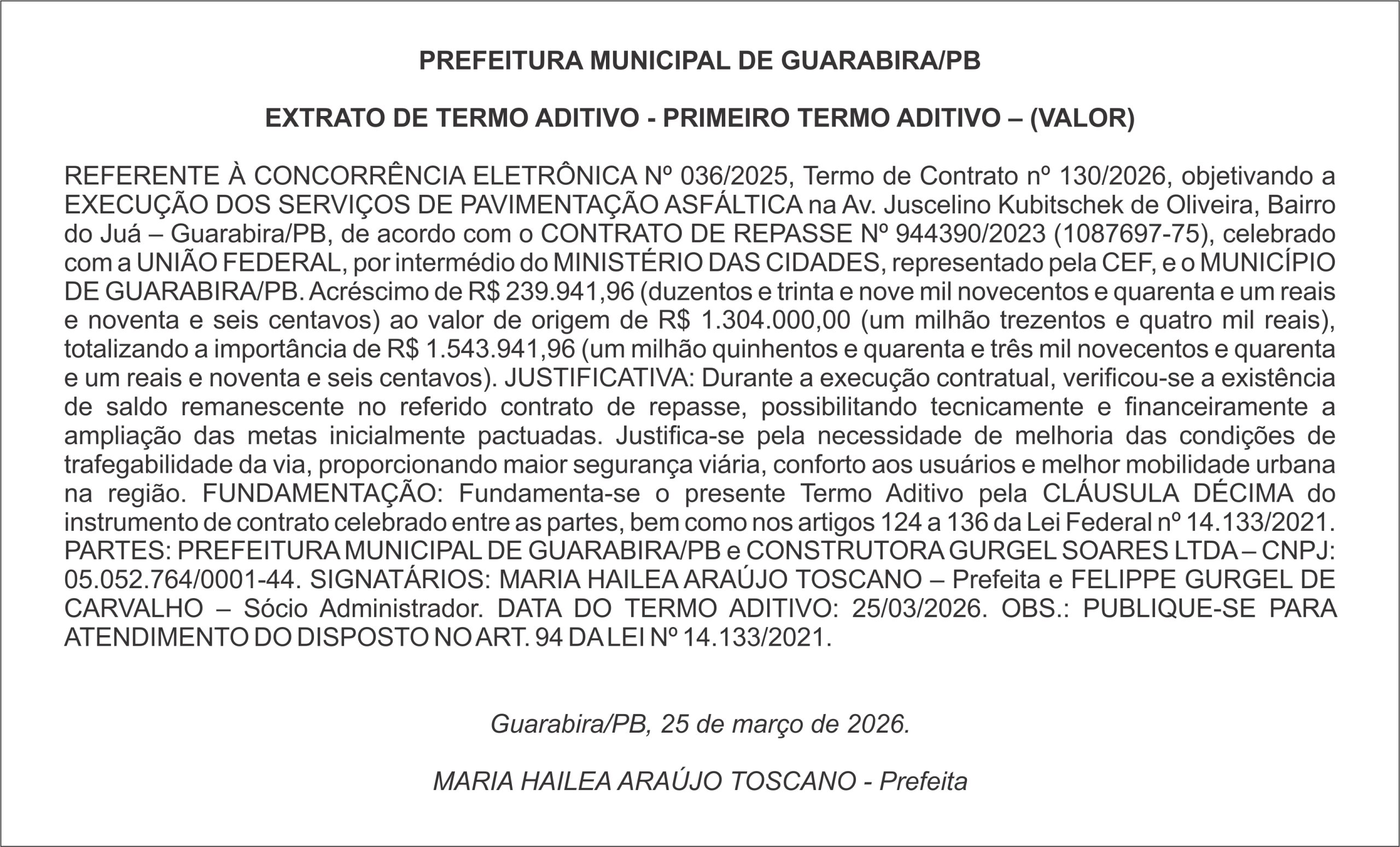 PREFEITURA MUNICIPAL DE GUARABIRA/PB – EXTRATO DE TERMO ADITIVO – PRIMEIRO TERMO ADITIVO – (VALOR)