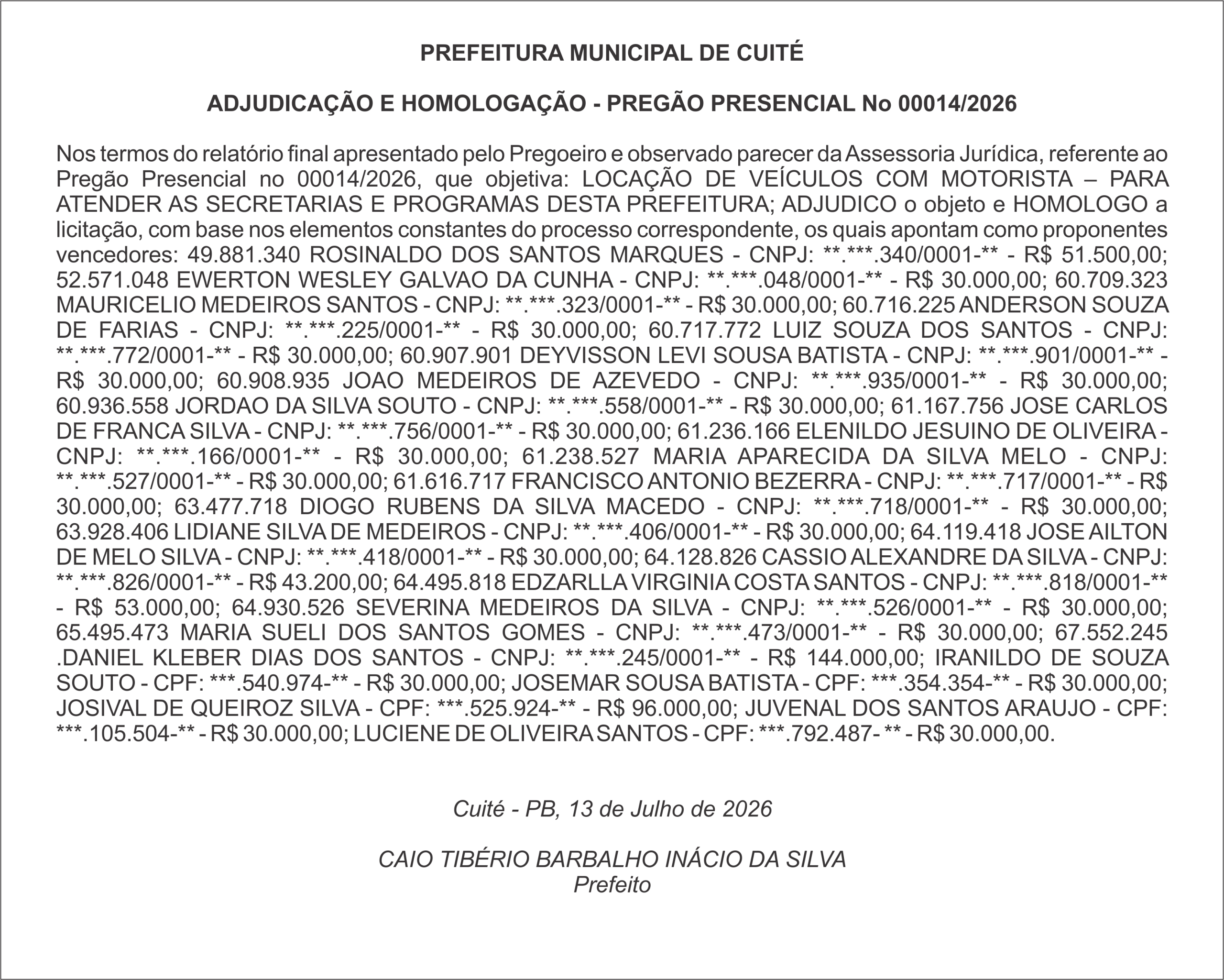 PREFEITURA MUNICIPAL DE CUITÉ – ADJUDICAÇÃO E HOMOLOGAÇÃO – PREGÃO PRESENCIAL No 00014/2026