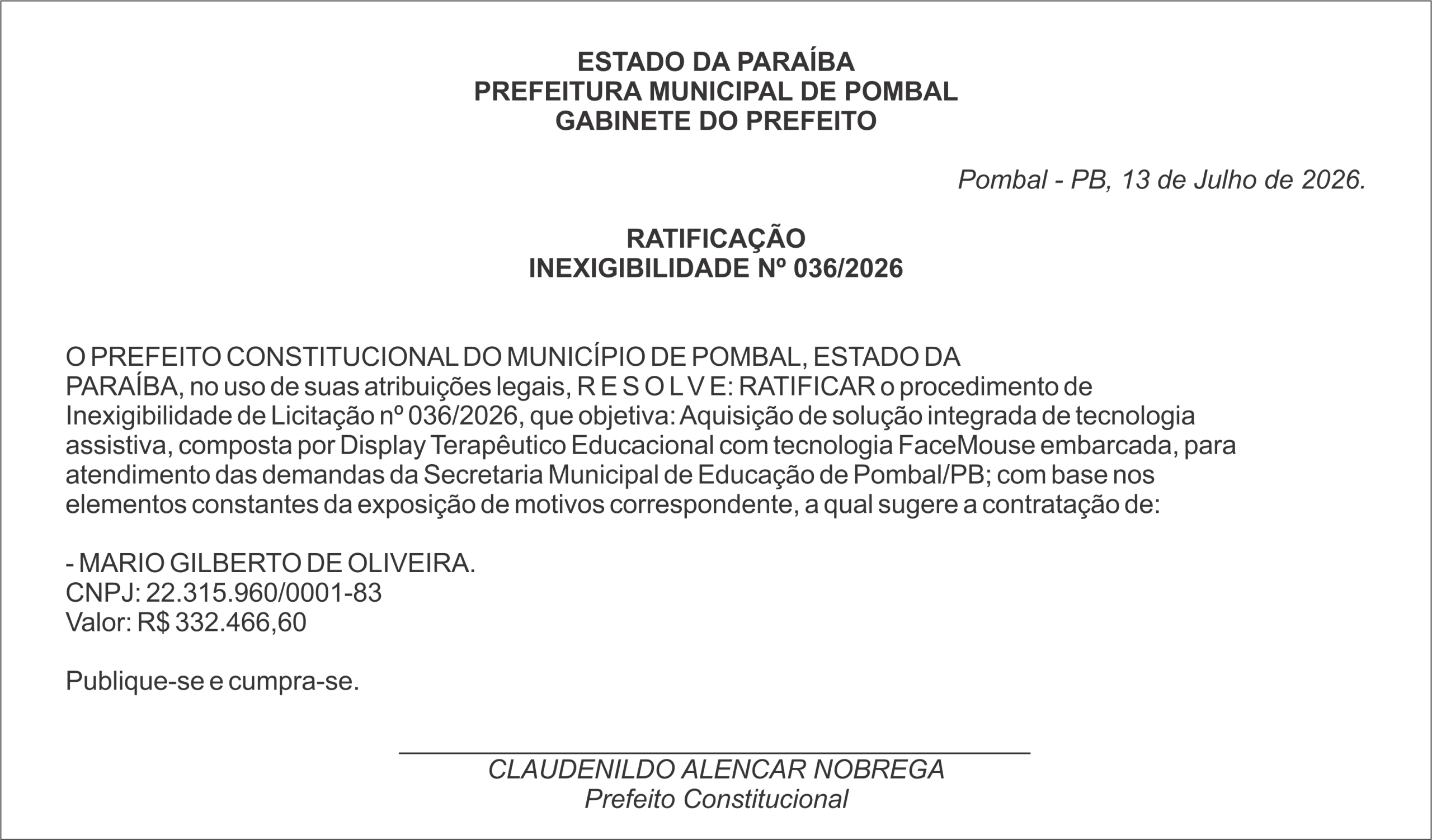 PREFEITURA MUNICIPAL DE POMBAL – RATIFICAÇÃO – INEXIGIBILIDADE Nº 036/2026