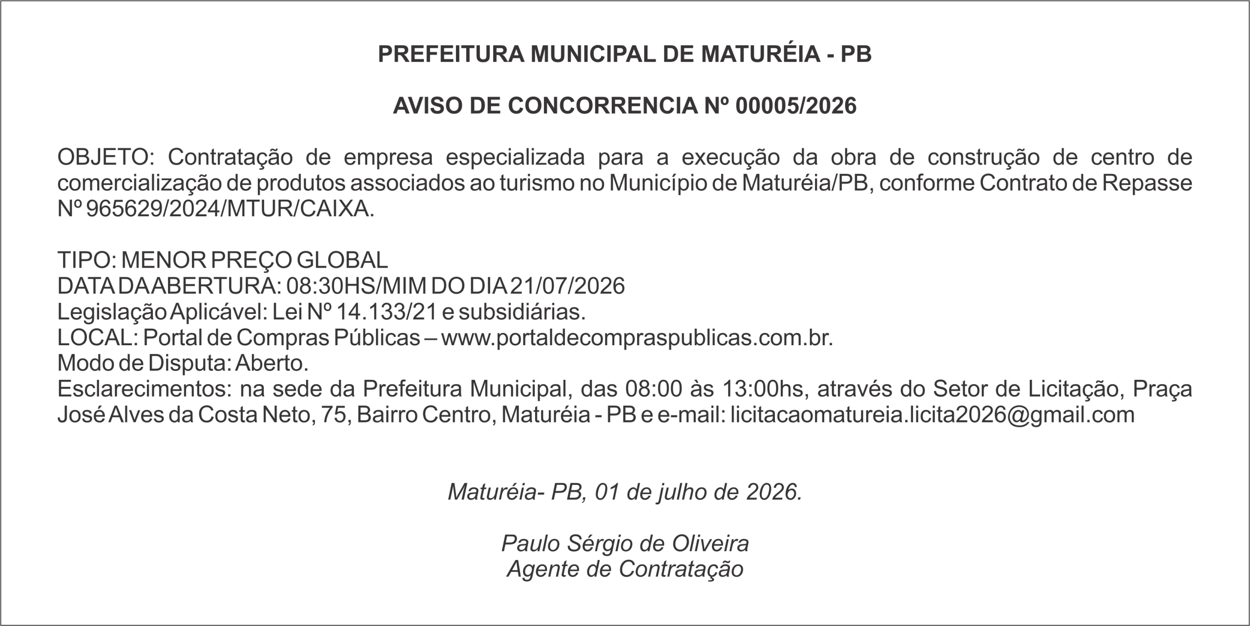 PREFEITURA MUNICIPAL DE CUITÉ – HOMOLOGAÇÃO – PRÉ-QUALIFICAÇÃO N° 00001/2026