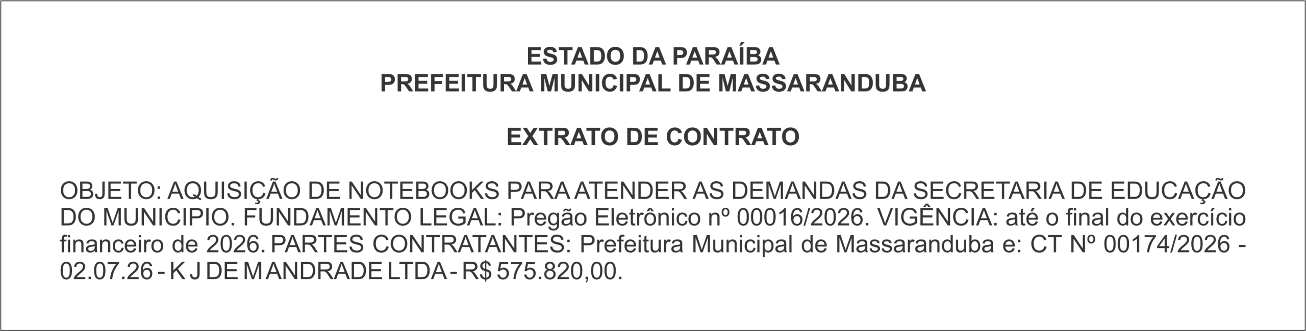 PREFEITURA MUNICIPAL DE MASSARANDUBA – EXTRATO DE CONTRATO