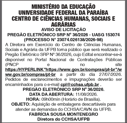 UNIVERSIDADE FEDERAL DA PARAIBA – PREGÃO ELETRÔNICO SRP Nº 36/2026