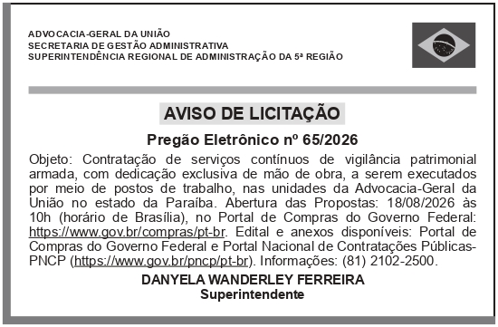 AGU – DF – CGEP/DGEP/SGA – BRASÍLIA – AVISO DE LICITAÇÃO (PREGÃO ELETRÔNICO N° 65/2026)