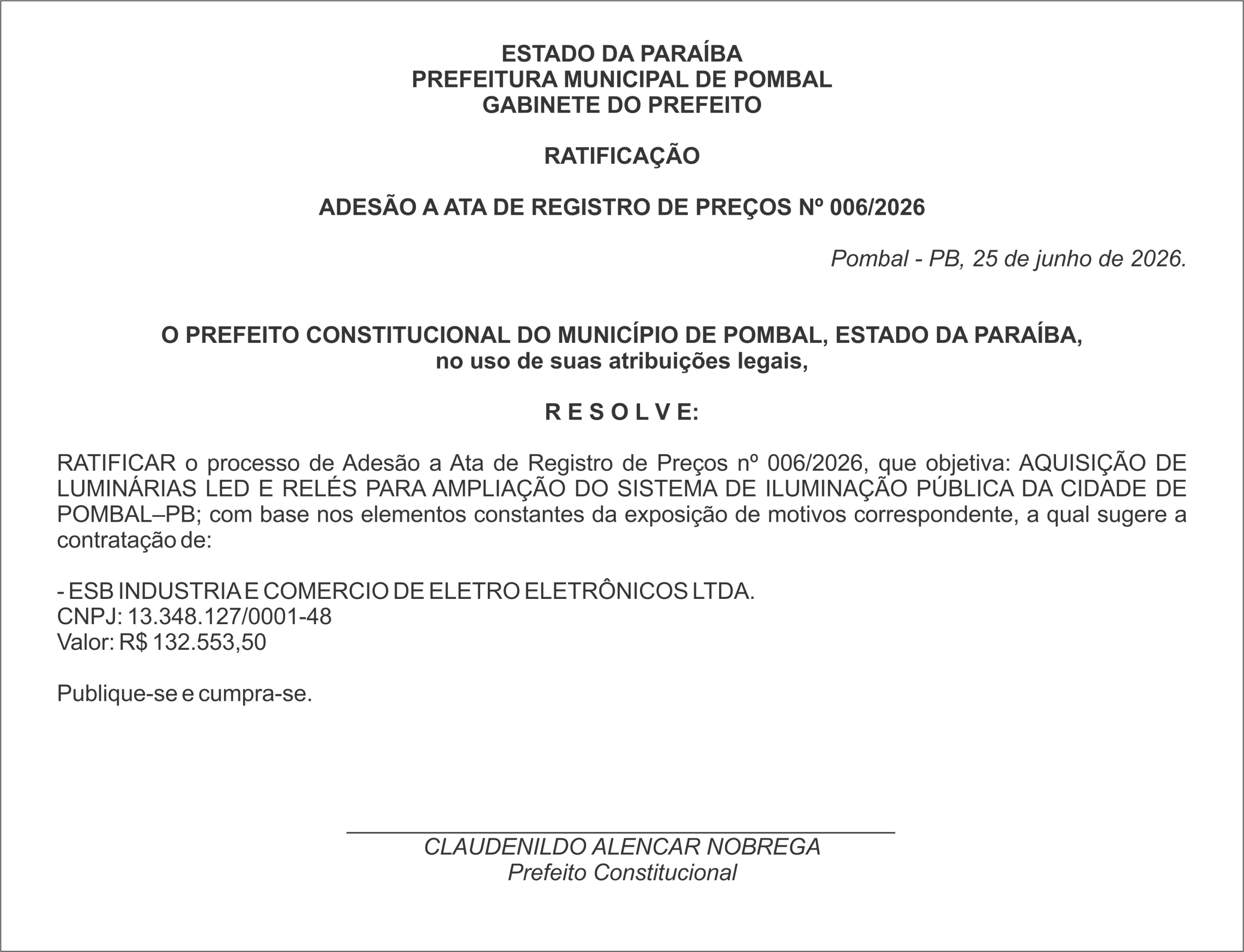 PREFEITURA MUNICIPAL DE POMBAL – RATIFICAÇÃO  ADESÃO A ATA DE REGISTRO DE PREÇOS Nº 006/2026