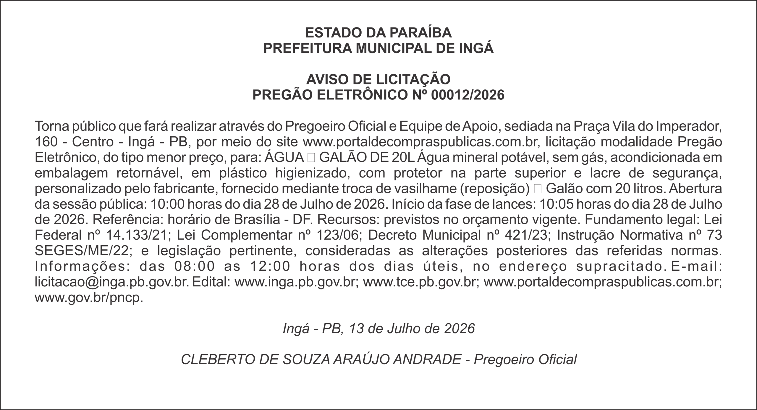 PREFEITURA MUNICIPAL DE INGÁ – AVISO DE LICITAÇÃO – PREGÃO ELETRÔNICO Nº 00012/2026