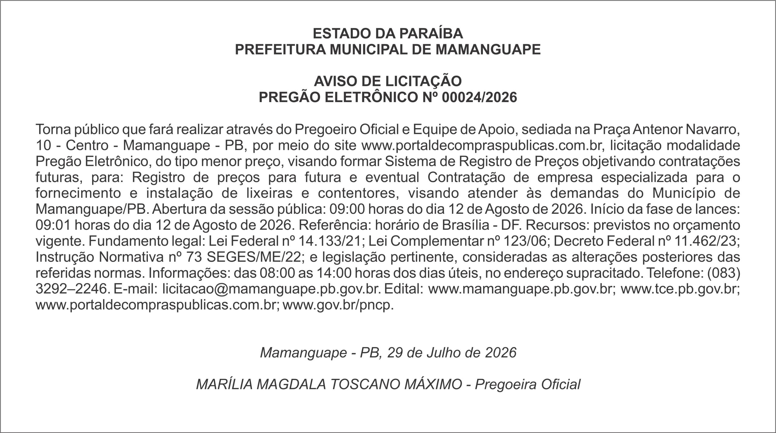 PREFEITURA MUNICIPAL DE MAMANGUAPE – AVISO DE LICITAÇÃO PREGÃO ELETRÔNICO Nº 00024/2026