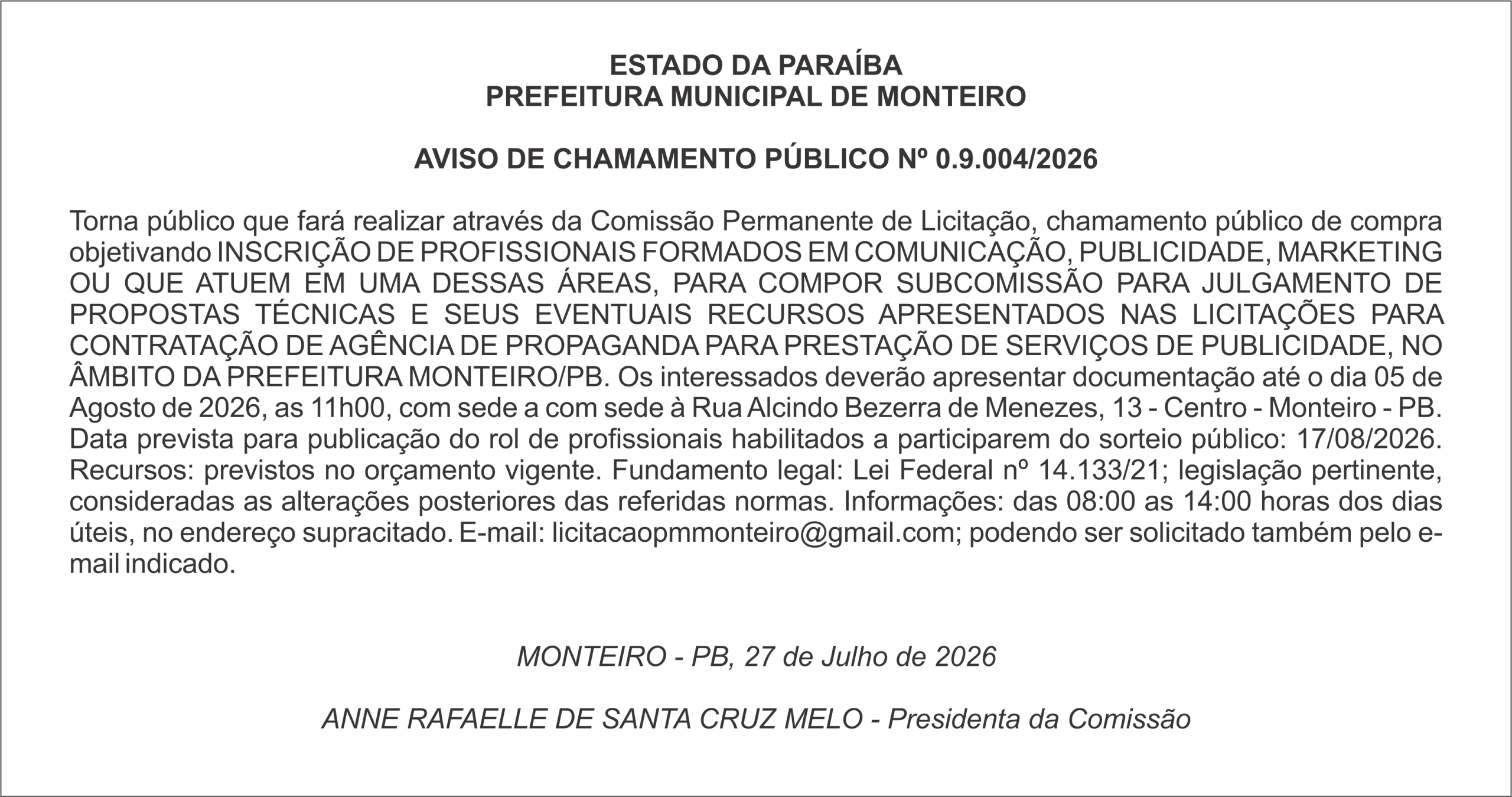 PREFEITURA MUNICIPAL DE MONTEIRO – AVISO DE CHAMAMENTO PÚBLICO Nº 0.9.004/2026