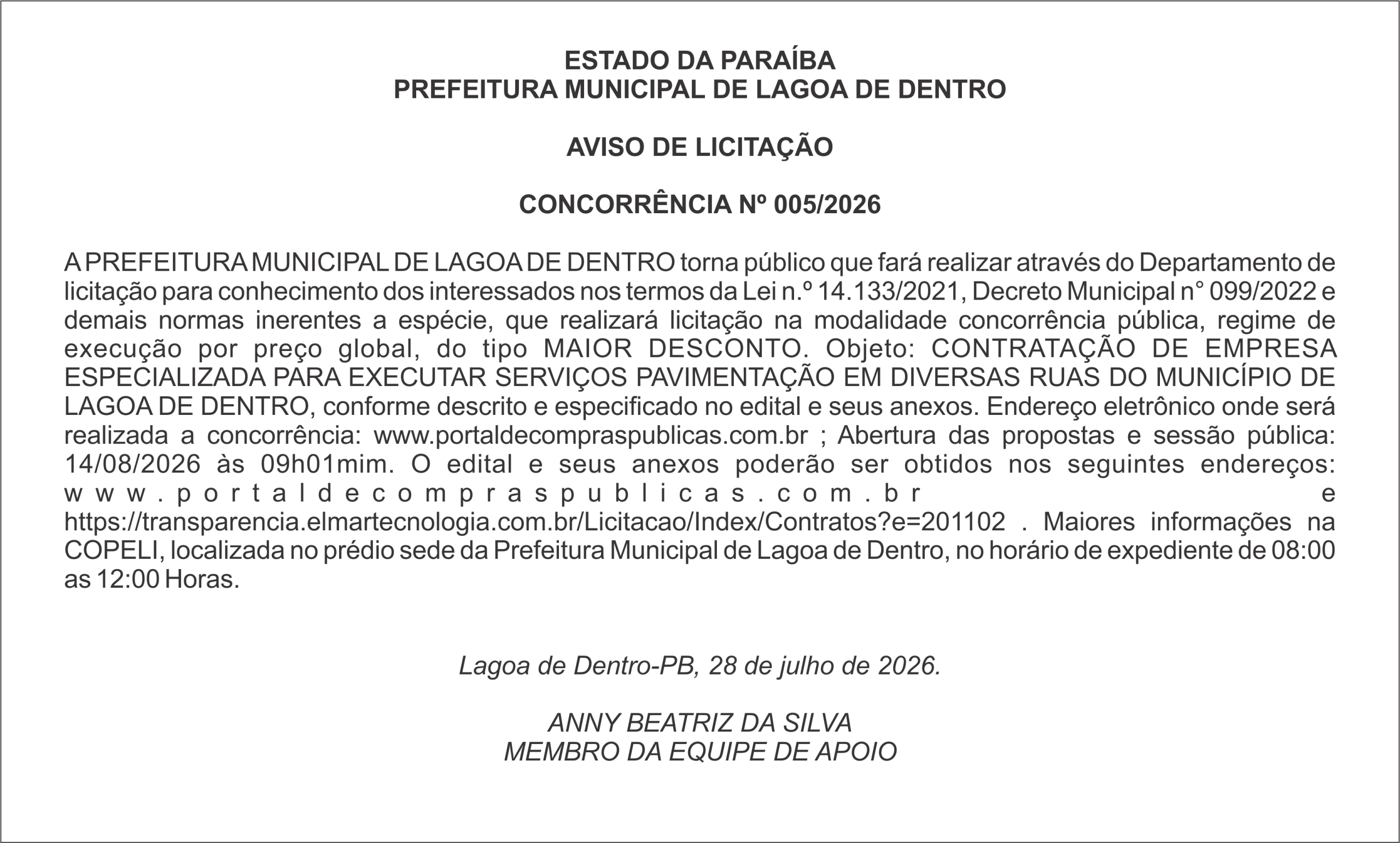 PREFEITURA MUNICIPAL DE LAGOA DE DENTRO – AVISO DE LICITAÇÃO  CONCORRÊNCIA Nº 005/2026
