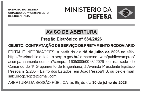 ESCRITÓRIO REGIONAL OPERAÇÃO CARRO PIPA DO 1° GPT E – AVISO PREGÃO SRP 534/2026