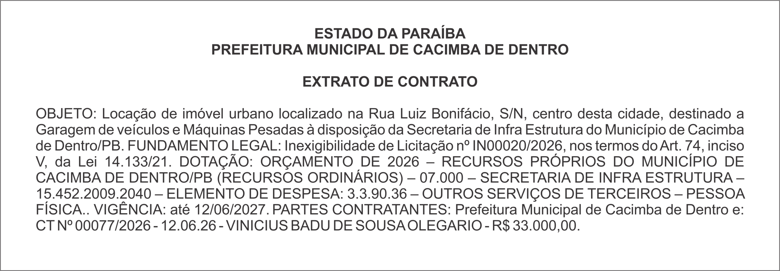 PREFEITURA MUNICIPAL DE CACIMBA DE DENTRO – EXTRATO DE CONTRATO