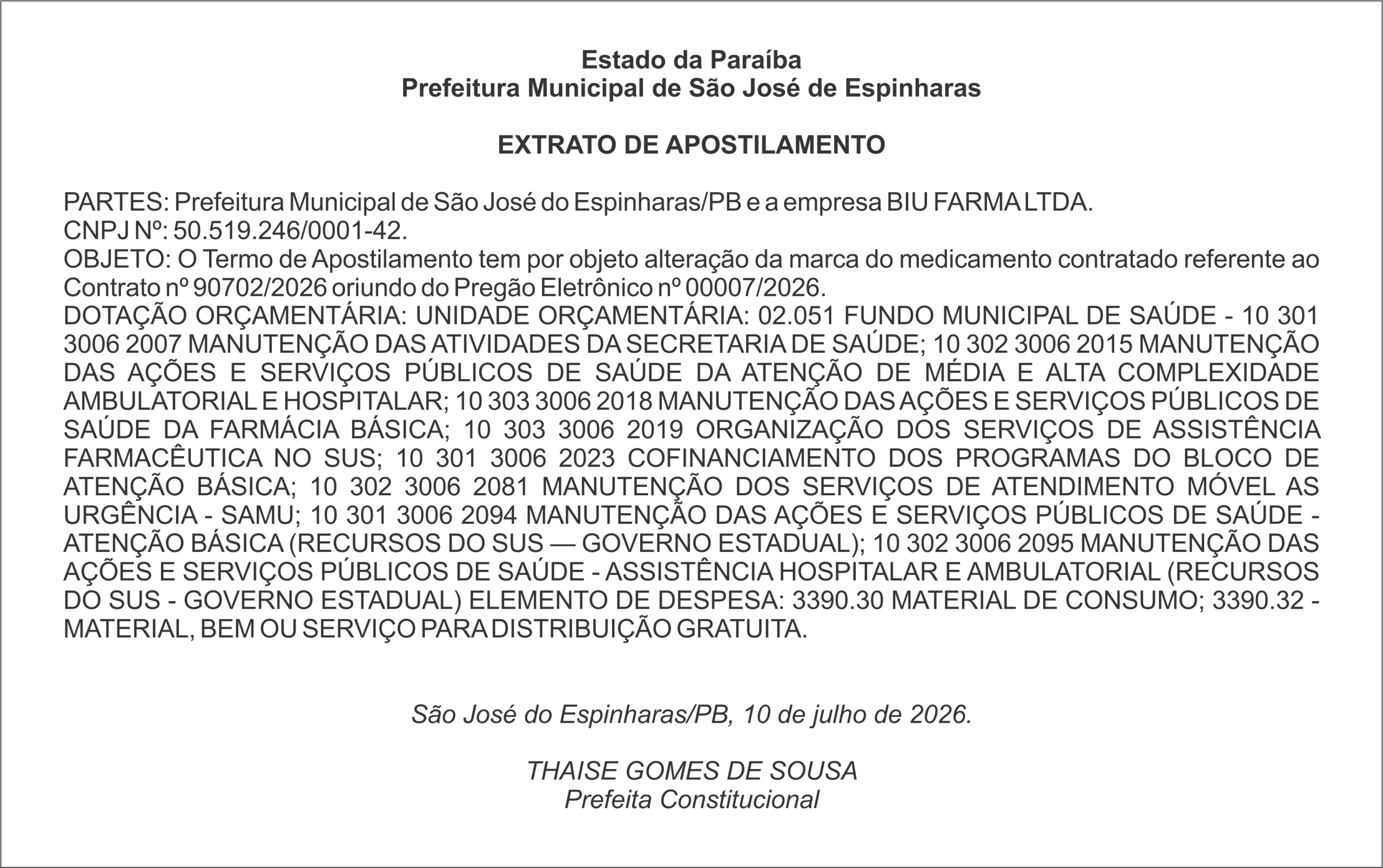 PREFEITURA MUNICIPAL DE SÃO JOSÉ DE ESPINHARAS – EXTRATO DE APOSTILAMENTO
