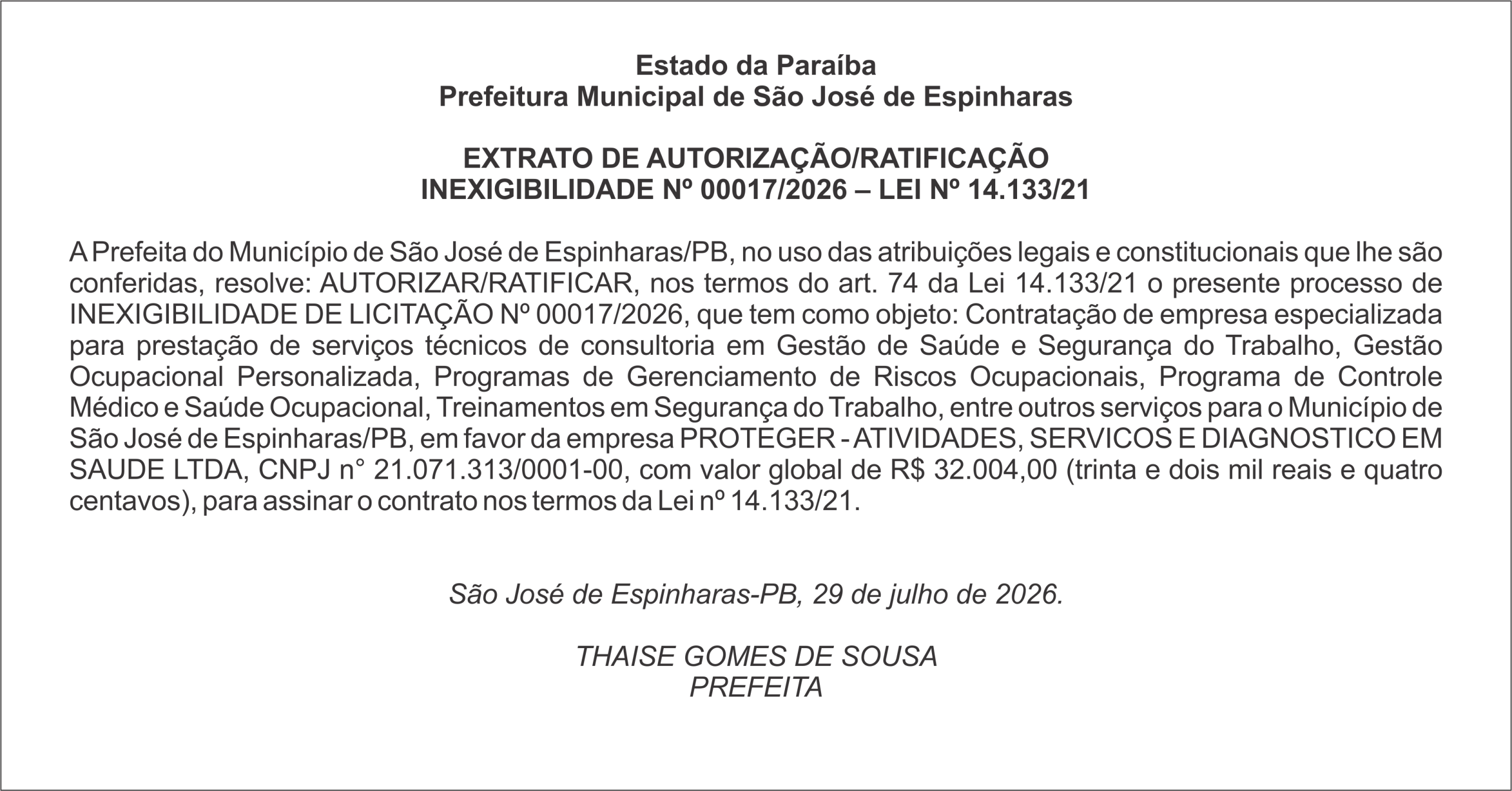 PREFEITURA DE SÃO JOSÉ DE ESPINHARAS – EXTRATO DE AUTORIZAÇÃO/RATIFICAÇÃO