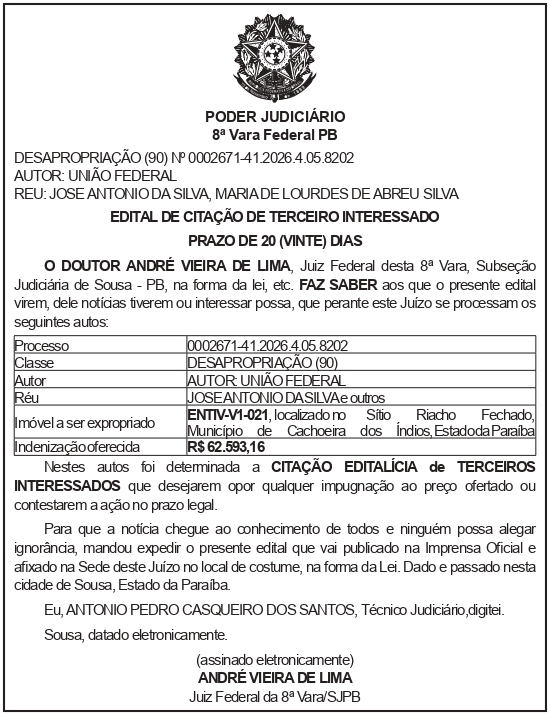 SECRETARIA NACIONAL DE SEGURANÇA HIDRICA – SNSH – MDR – DF – BRASÍLIA – Edital de Citação de Terceiro Interessado – ENTIV- V1-021 (JOSÉ ANTÔNIO DA SILVA)