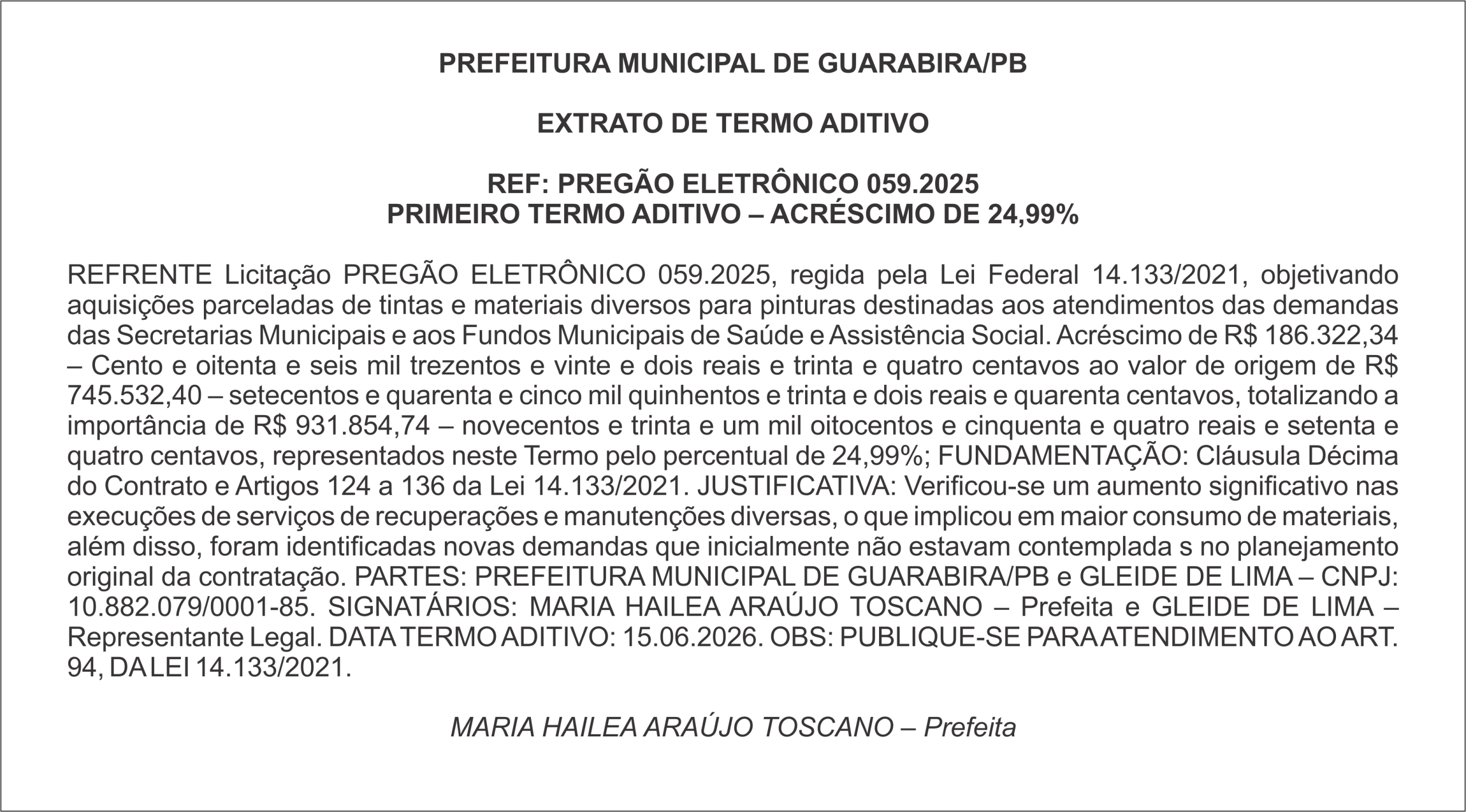 PREFEITURA MUNICIPAL DE GUARABIRA/PB EXTRATO DE TERMO ADITIVO REF: PREGÃO ELETRÔNICO 059.2025 PRIMEIRO TERMO ADITIVO – ACRÉSCIMO DE 24,99%