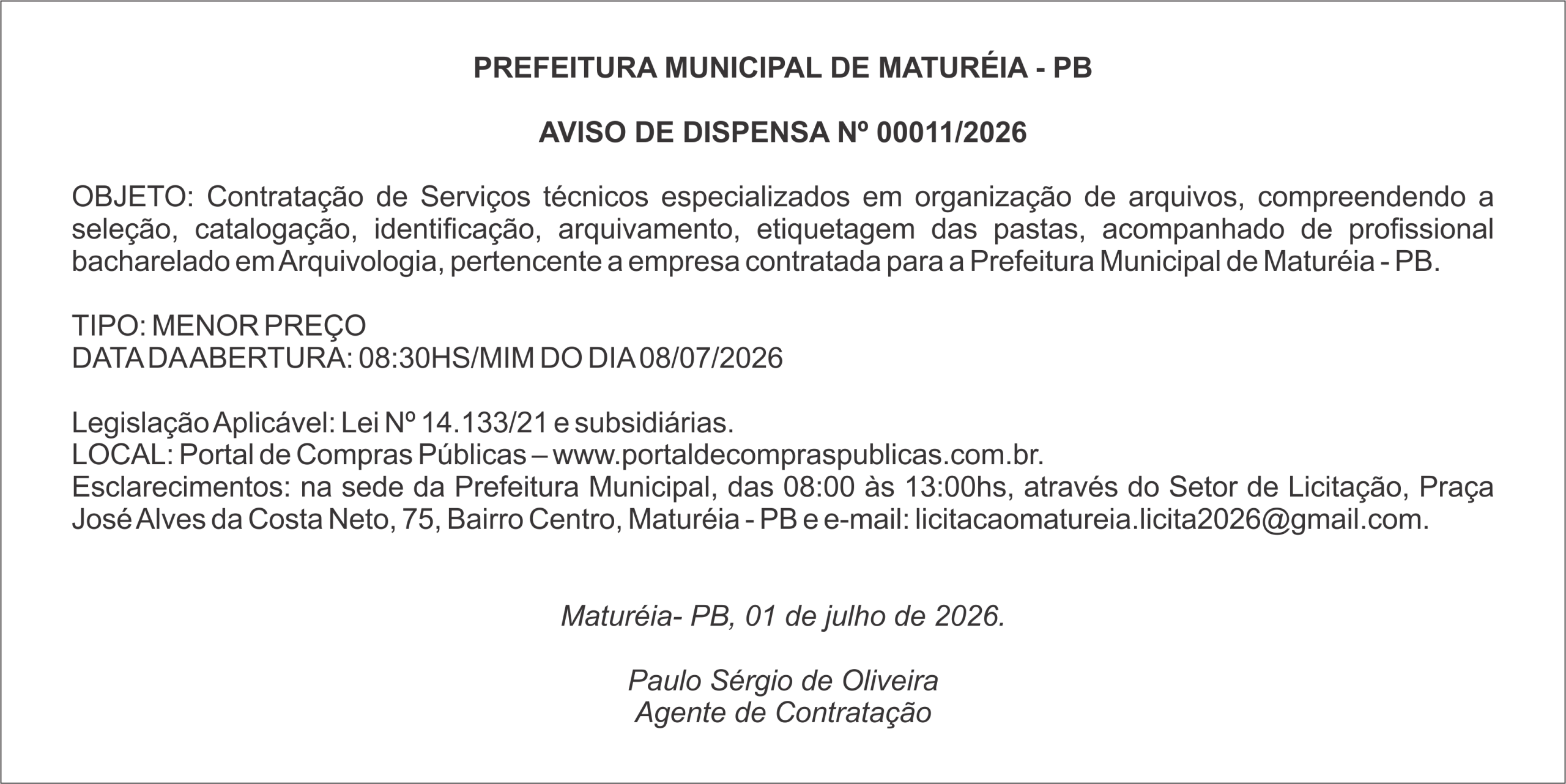 PREFEITURA MUNICIPAL DE MATURÉIA – PB – AVISO DE DISPENSA Nº 00011/2026