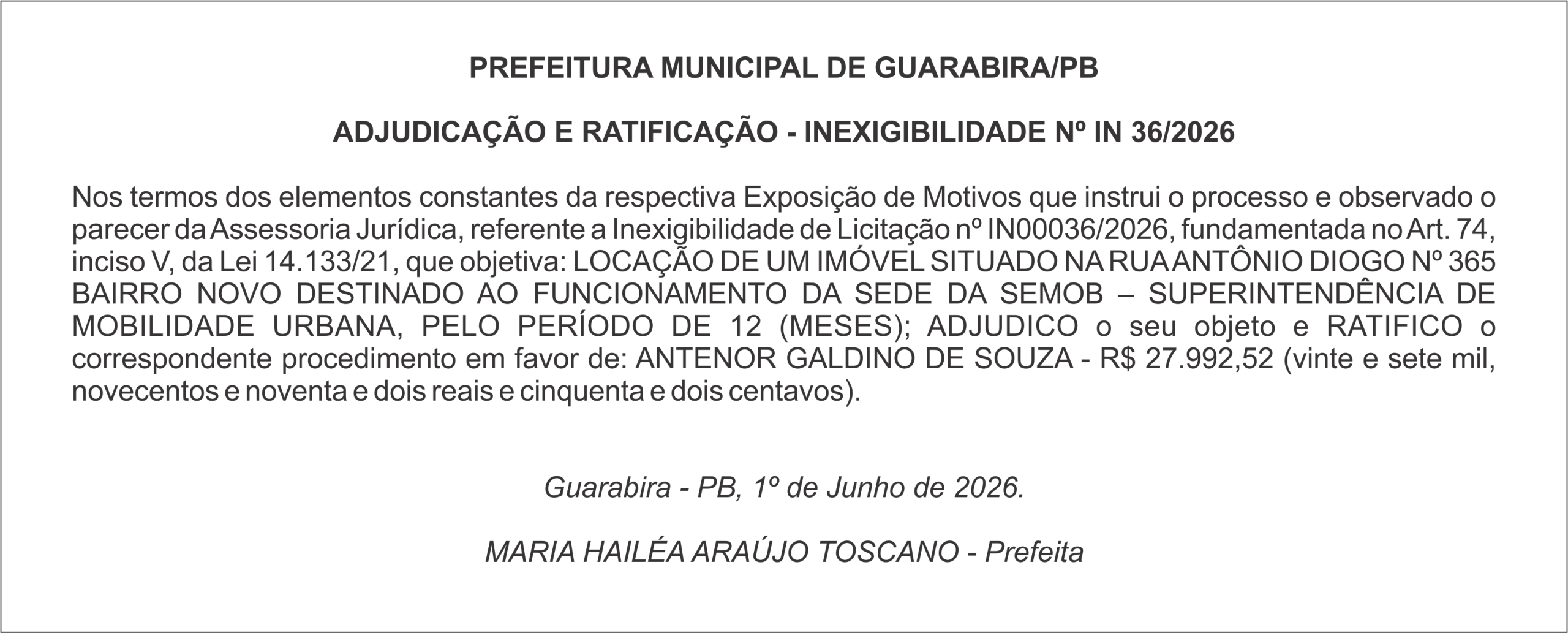 PREFEITURA MUNICIPAL DE GUARABIRA/PB ADJUDICAÇÃO E RATIFICAÇÃO – INEXIGIBILIDADE Nº IN 36/2026
