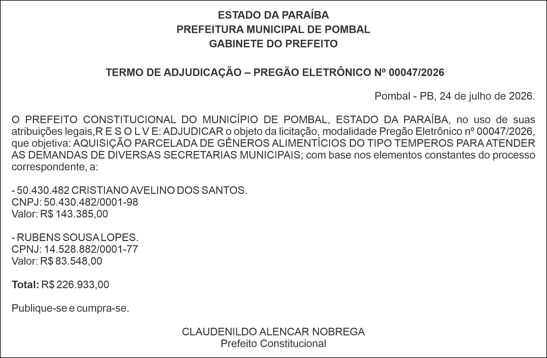 PREFEITURA MUNICIPAL DE POMBAL – TERMO DE ADJUDICAÇÃO – PREGÃO ELETRÔNICO Nº 00047/2026