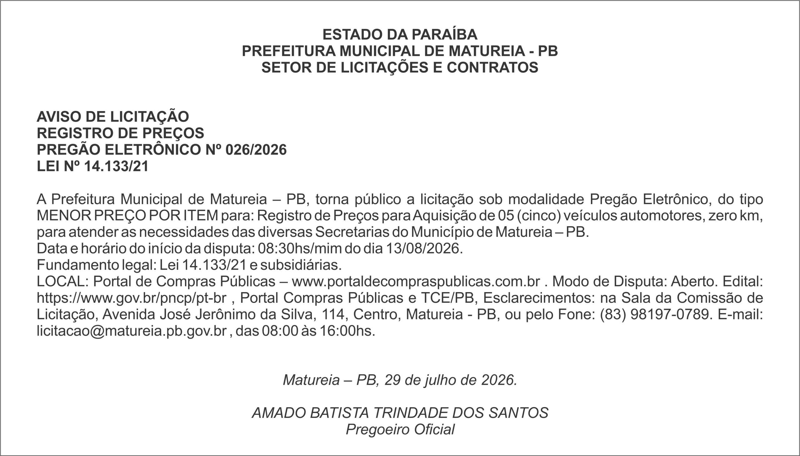 PREFEITURA MUNICIPAL DE MATUREIA – PB – AVISO DE LICITAÇÃO REGISTRO DE PREÇOS