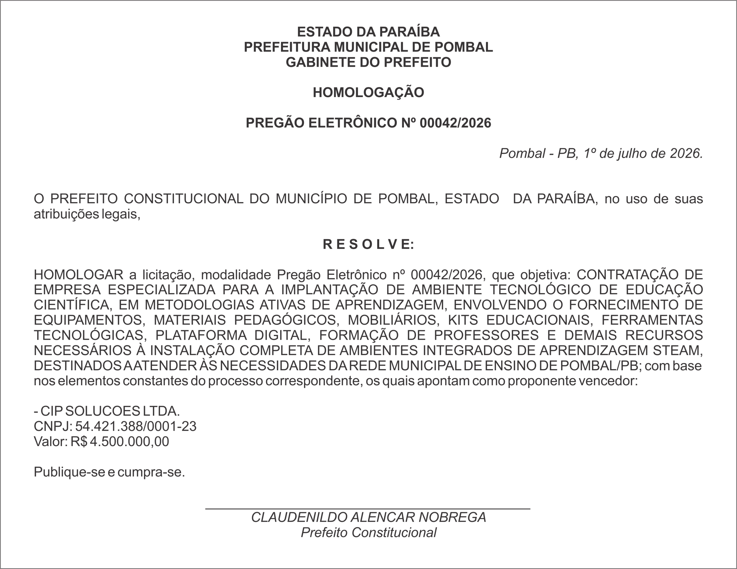 PREFEITURA MUNICIPAL DE POMBAL – HOMOLOGAÇÃO  PREGÃO ELETRÔNICO Nº 00042/2026