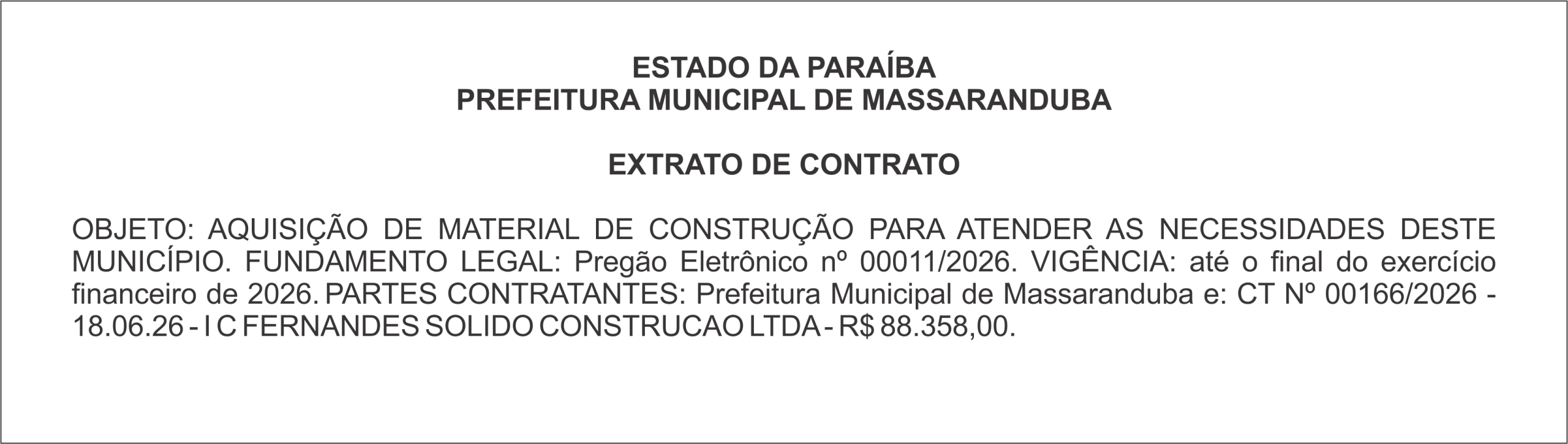 PREFEITURA MUNICIPAL DE MASSARANDUBA – EXTRATO DE CONTRATO