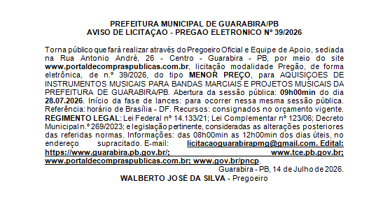 PREFEITURA MUNICIPAL DE GUARABIRA/PB AVISO DE LICITAÇÃO – PREGÃO ELETRÔNICO Nº 39/2026