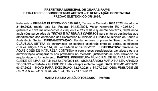 PREFEITURA MUNICIPAL DE GUARABIRA/PB – EXTRATO DE SEGUNDO TERMO ADITIVO – 1ª RENOVAÇÃO CONTRATUAL – PREGÃO ELETRÔNICO 059.2025.