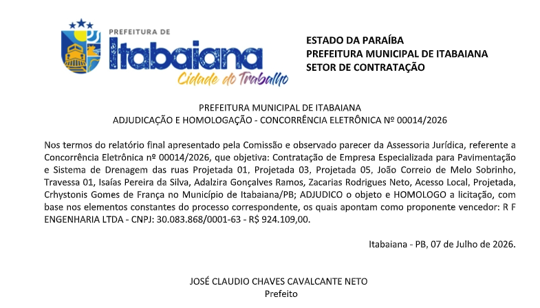 PREFEITURA MUNICIPAL DE ITABAIANA – ADJUDICAÇÃO E HOMOLOGAÇÃO – CONCORRÊNCIA ELETRÔNICA Nº 00014/2026