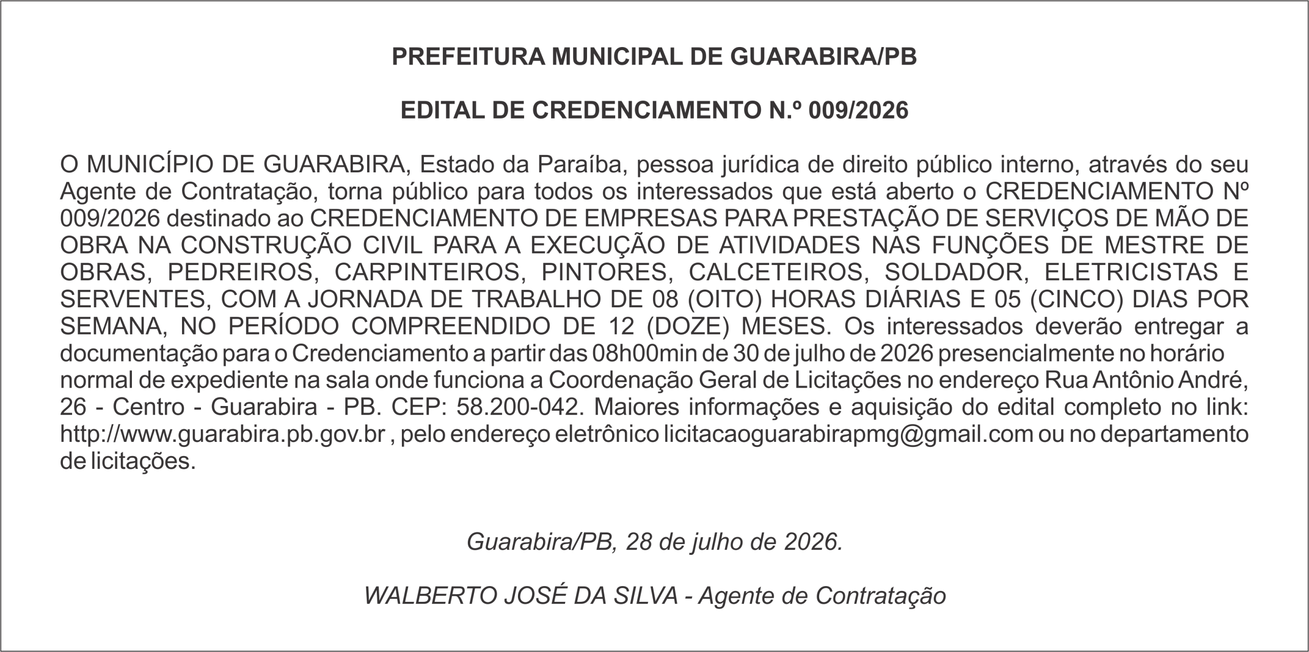 PREFEITURA MUNICIPAL DE GUARABIRA/PB – EDITAL DE CREDENCIAMENTO N.º 009/2026
