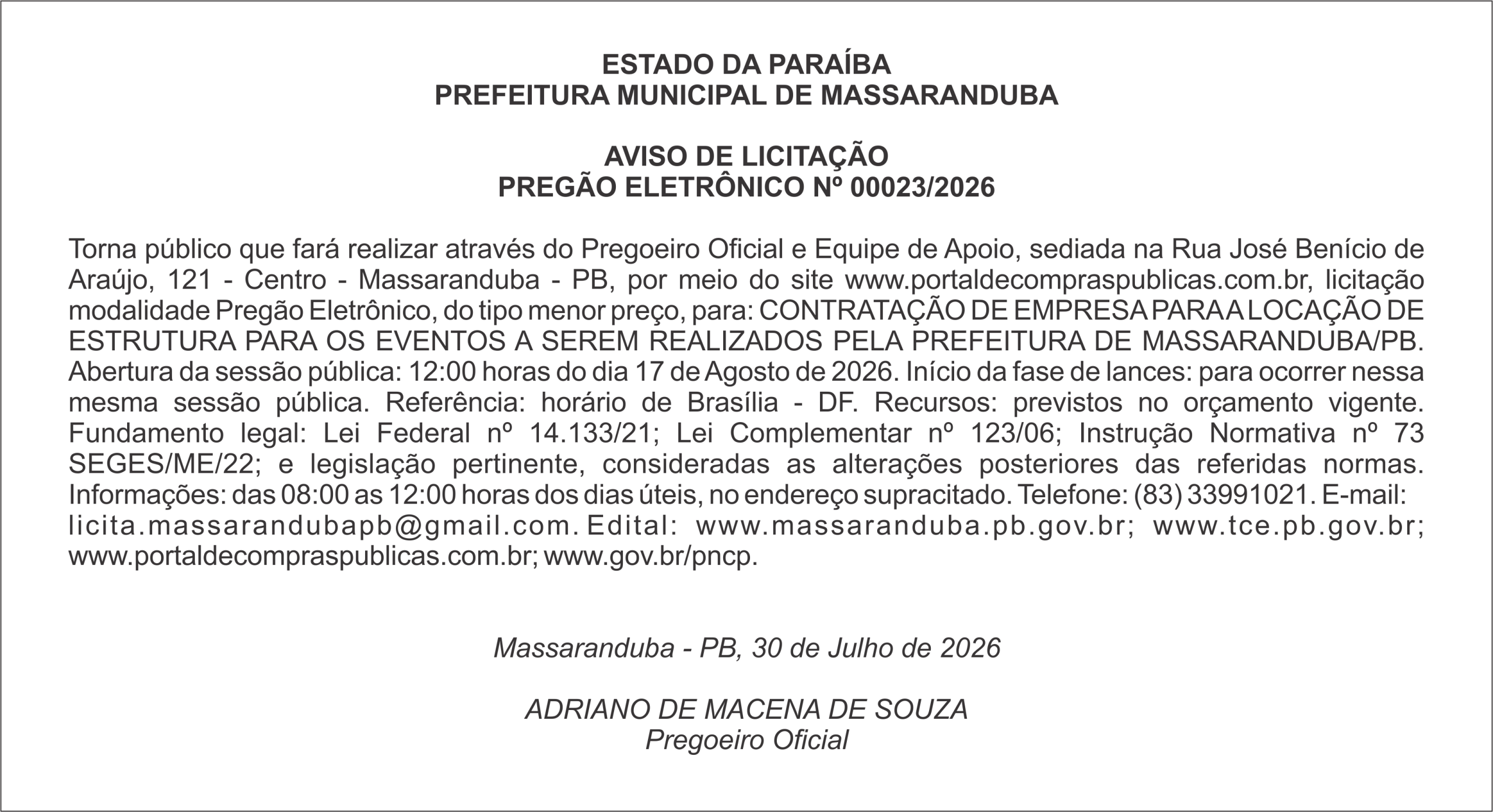 PREFEITURA MUNICIPAL DE MASSARANDUBA – AVISO DE LICITAÇÃO PREGÃO ELETRÔNICO Nº 00023/2026