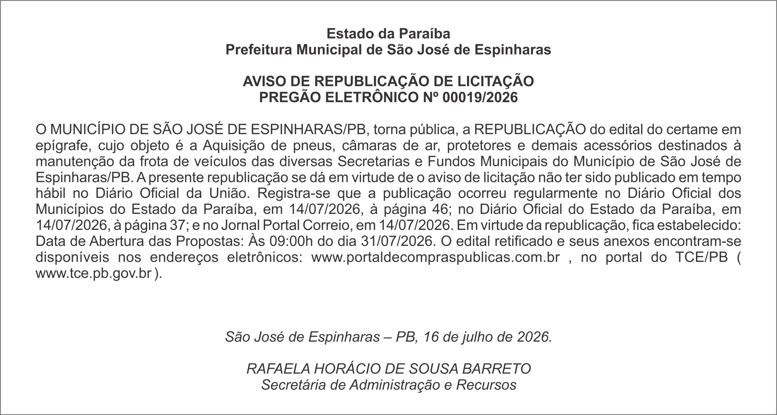 PREFEITURA MUNICIPAL DE SÃO JOSÉ DE ESPINHARAS – AVISO DE REPUBLICAÇÃO DE LICITAÇÃO – PREGÃO ELETRÔNICO Nº 00019/2026