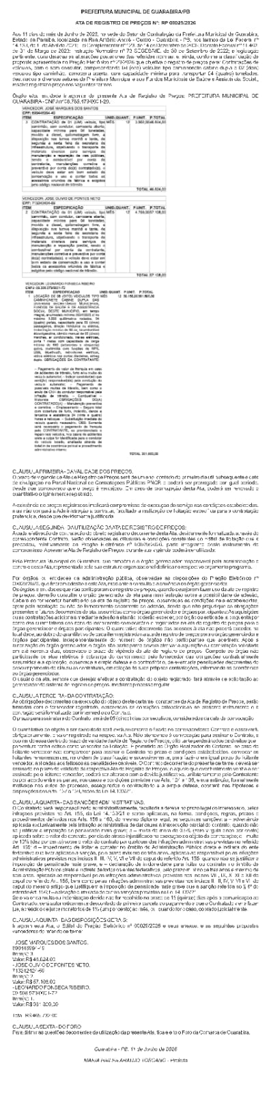 PREFEITURA MUNICIPAL DE GUARABIRA/PB – ATA DE REGISTRO DE PREÇOS Nº: RP 00029/2026